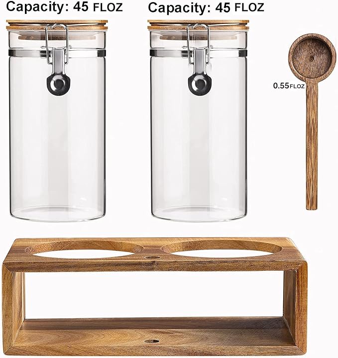 Coffee Canister with Shelf: 2P 45OZ Glass Airtight Coffee Holder | Large Capacity Coffee Container w/Acacia Scoop - Kitchen Food Storage Jar for Ground Coffee/Tea/Sugar/Cereal/Nuts/Coffee Bar