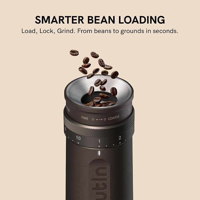 OutIn Fino Portable Electric Coffee Grinder with 28 Precise Grind Settings | Adjustable Coffee Bean Grinder, One-Touch Burr Grinding, Fast-Charge Battery, Auto-Stop & Clog Protection, Tundra Brown