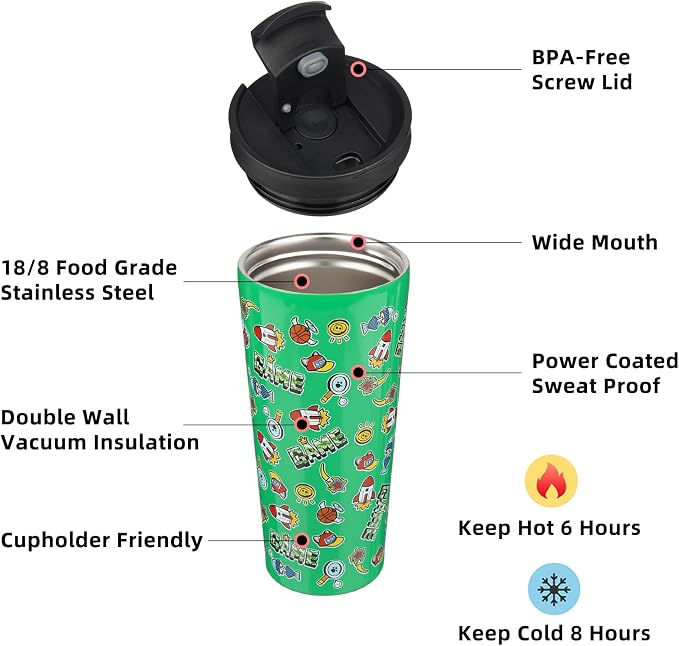 BJPKPK 22 oz Coffee Tumbler with Straw, Insulated Stainless Steel Cup | Double Wall Vacuum, Leak Proof Lid, Keeps Hot/Cold/Iced, BPA Free, Cupholder Friendly, Travel, Game