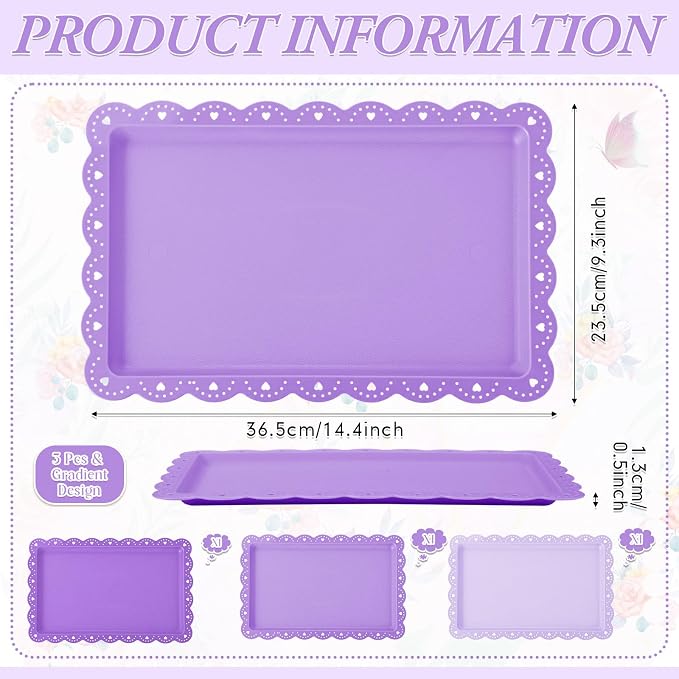 3 Pcs Purple Serving Trays Plastic Platters Dessert Cupcake Holder Party Supplies 14.4 x 9.3 Inches Rectangular Cookie Snack Display Tray for Wedding Restaurant