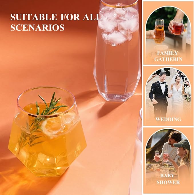 BESTSTAR 96 Pack Gold Rim Plastic Wine Glasses Set,BPA-Free Shatterproof | 48 9 OZ Stemless Champagne Flutes & 48 12OZ Diamond Wine Whiskey Glasses, Clear Drinkware for Weddings, Parties & Events