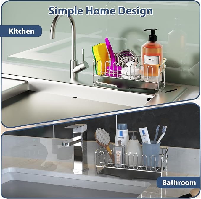 KABUM 304 Stainless Steel Sponge Holder for Kitchen Sink(8.27x2.95x3.43) | Compact Sink Caddy with 4 Non-Slip Silicone Pads, Easy to Clean Rustproof 304 Steel, Kitchen Essentials, No-Tools Design