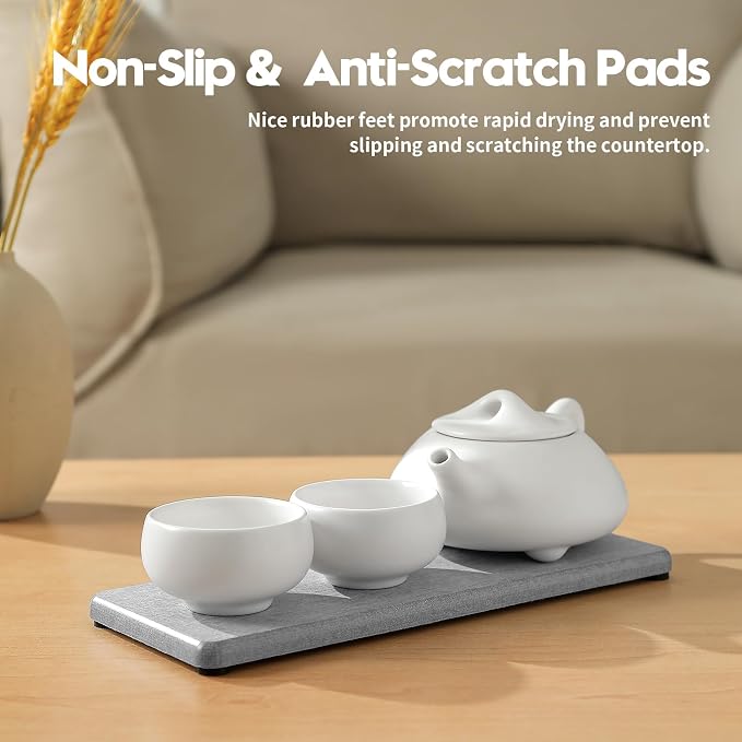 2PCS Bathroom Counter Vanity Trays, Water Absorbing Diatomite Stone Quick Drying Mat for Kitchen Sink Counter, Dish Rack Soap Dispenser Sponge Holder Caddy Organizer, Light Gray, 9"x 3.5"