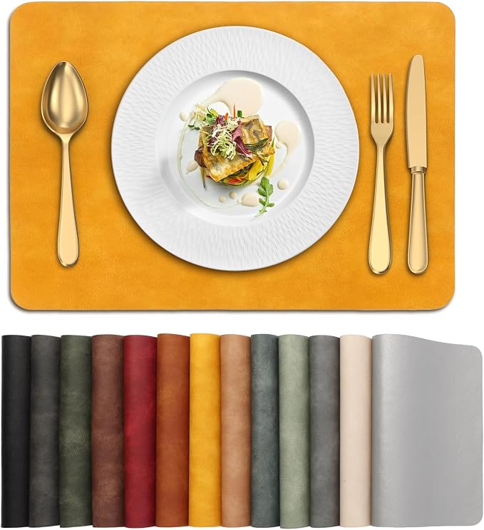 UnivoColors Placemats,Heat Resistant Placemats Set of 4 Washable 12x17 Inch,Waterproof Table Mats,Wipeable Pu Place Mats for Kitchen,Dining Room.Yellow.