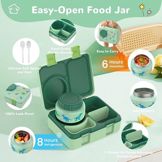Bento Box for Kids, Leakproof Kids Lunch Box with 8.5OZ Thermo Food Jar & Lunch Bag, 3-4 Compartments Toddler Insulated Lunch Box for Boys, BPA Free Lunch Containers for School Daycare