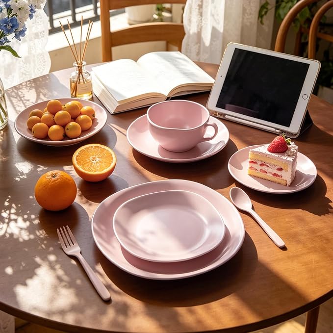 HomeVss, Stoneware Square 16pc Dinnerware Set, Matte Rose