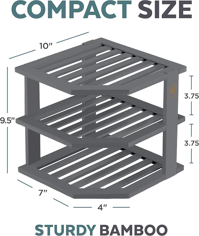 Grey Plate Organizer for Cabinet - 3 Tier Gray Bamboo Corner Cabinet Organizer Shelf for Plates Bowls Mugs Cups, Kitchen Cabinet Organizer, Cabinet Shelf Organizer, Countertop Rack, 10 x 10 x 9.5 Gray