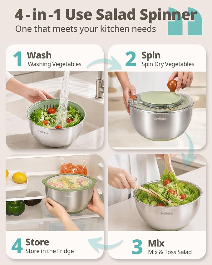 Stainless Steel Salad Spinner with Storage Lid, 5.3 Qt, BPA-Free | Quick Dry 4-in-1 Multi-Functional Lettuce Spinner, Drain, Stop Button, Fruit & Vegetable Washer, Non-Slip Base, Easy Clean