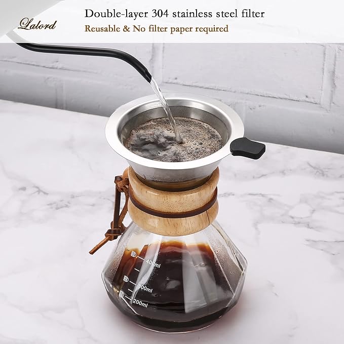 Lalord Pour Over Coffee Maker, 400ml/13.5oz Borosilicate Glass Carafe with Stainless Steel Filter & Modern Wooden Collar, 2 Cups Capacity, Clear