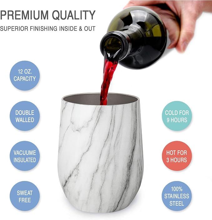 CHILLOUT LIFE 12 oz Stainless Steel Wine Tumbler with Lid - Double Wall Vacuum Insulated Wine Cup Glass Keeping Cold & Hot for Coffee, Champagne, Cocktails, Ice Cream