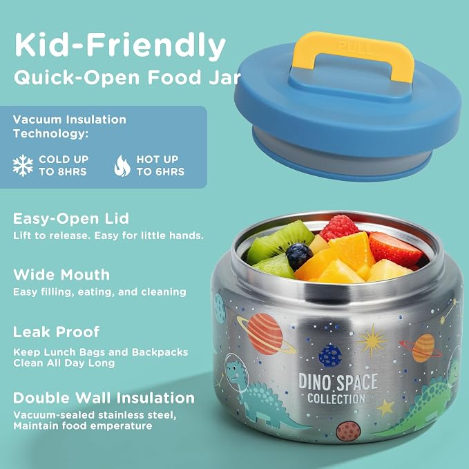 Kids Lunch Bento Box with 8oz Thermo/Ice Pack, BPA-Free, for School | Leak-proof Food Containers with 5 Compartment, Insulated Food Jar, Dishwasher Safe, Easy to Clean, Lunch Box for Girls Boys
