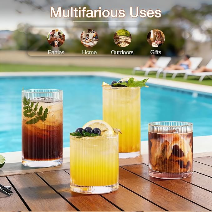 Drinking Water Glass Cups Set,Crystal Clear ribbed Glass set of 8,17oz&12oz | Unique Design Vintage Cocktail Glass, Tall Glass Cups Ideal for Ice Coffee Cup, Whiskey, Mixed Drinkware