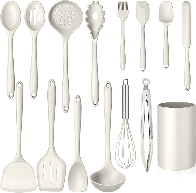 Homikit Kitchen Utensils Set, 15pcs Silicone Cooking Utensil with Holder | Heat Resistant Spatula Set include Turner for Nonstick Cookware, Useful Kitchen Gadgets & Pots and Pans Accessories, White