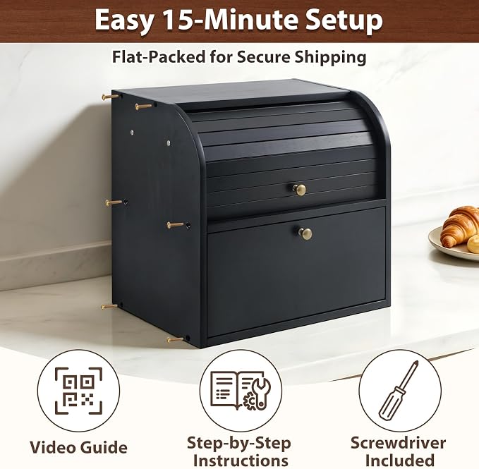Sunhoo Wooden Bread Box for Kitchen Countertop, Roll Top Breadbox, Black | Large Double Layer Pantry Container, Solid Wood with Cutting Board, Fresh Homemade Sourdough Bin Cabinet, Vintage Farmhouse