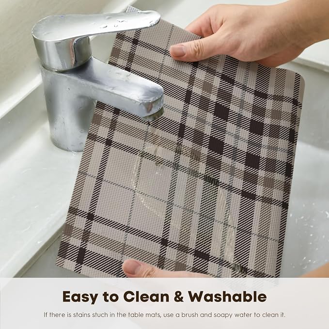 Artoid Mode Stripe Plaid Vinyl Placemats Set of 4, 12x18 Inch Thanksgiving Washable Non-Slip Heat Resistant Plastic Place Mats for Party Dining Table, Brown
