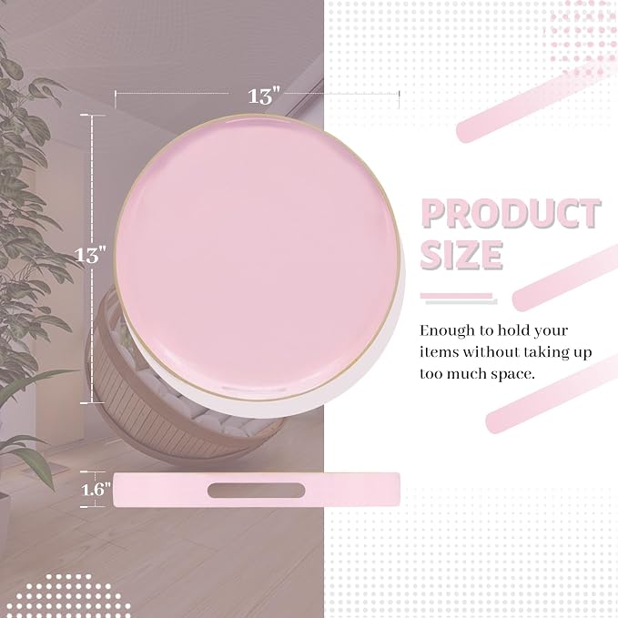 13" Pink Decorative Tray, Plastic Round Serving Tray with Handles | Decorative Tray for Coffee Table, Modern Ottoman Tray, Circle Tea Tray, Round Melamine Tray for Living Room, Bathroom