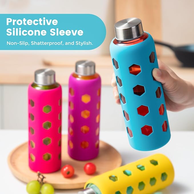 Mrsdry 18 oz Glass Water Bottles with Lids & Silicone Sleeves, 4-Pack | BPA Free, Leak-Proof Reusable Glass Drinking Bottles with Stainless Steel Airtight Cap for Juicing, Dishwasher Safe, Non-Slip