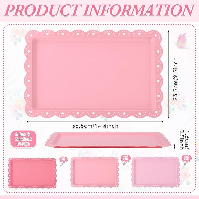 6 Pcs Pink Serving Trays Plastic Platters Dessert Cupcake Holder Party Supplies 14.4 x 9.3 Inches Rectangular Cookie Snack Display Tray for Wedding Restaurant
