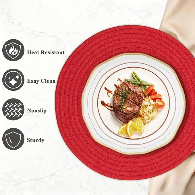 Round Placemats Set of 6, Cotton Rope Woven Table Mats, Hot Pads for Kitchen, Non Slip Heat Resistant Place Mats, 13 Inches Braided Placemat for Farmhouse Decor and Kitchen Table Decor (Red)