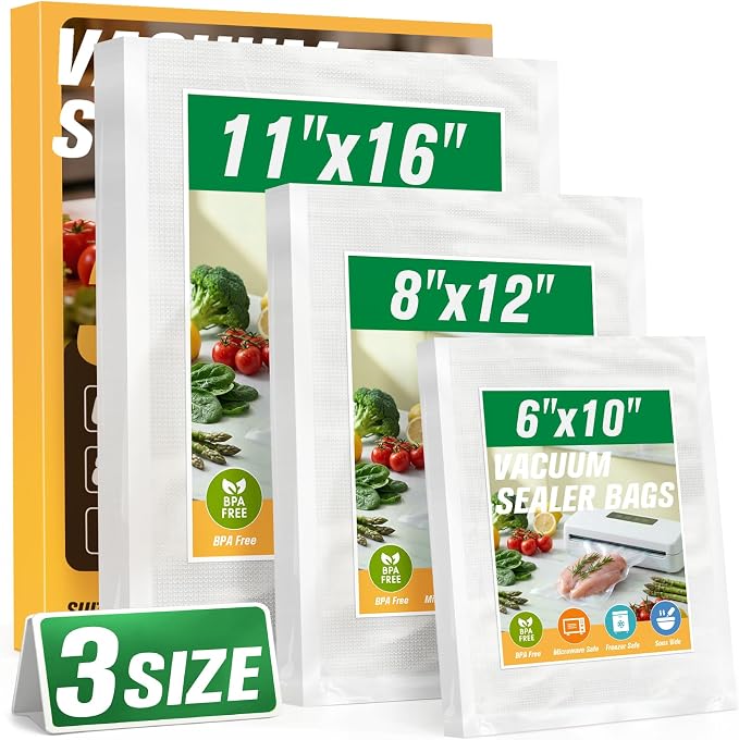 FUNFERY 100 PCS Precut Vacuum Sealer Bags for Food 11"x16"/8"x12"/6"x10" | Mixed Gallon, Quart and Pint, BPA Free Airtight Freezer Bags for Food Storage, Meal Prep, Sous Vide and Bulk Freezing