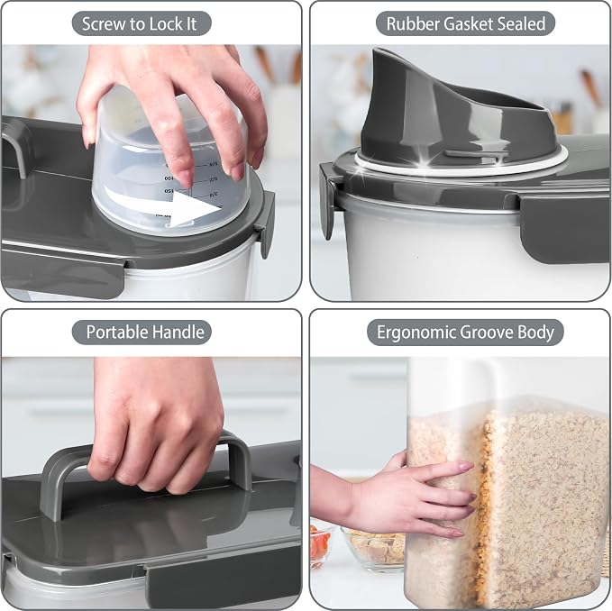 Rice Storage Containers, Rice dispenser with Pouring Spout Portable Handle for Flour, Pasta, Grain and Baking, Pet Dog Cat Bird Food Container 20 LB Grey