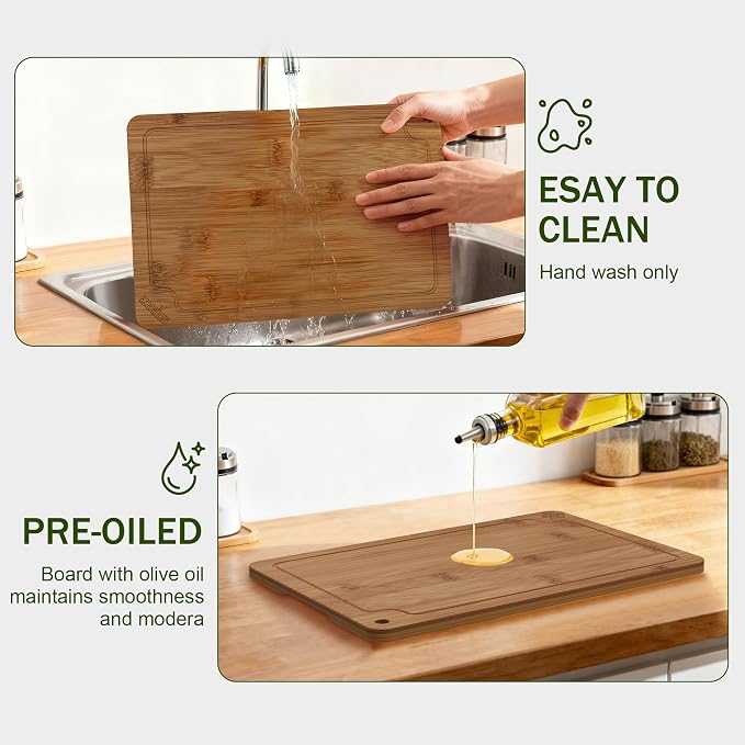 4-Piece Bamboo Cutting Board Set Serving Tray Juice GroovesHandles | Ideal for Meat Vegetables Fruit,Easy Storage & Quick Clean,Natural Wood Construction,Dual-Purpose as Serving Tray