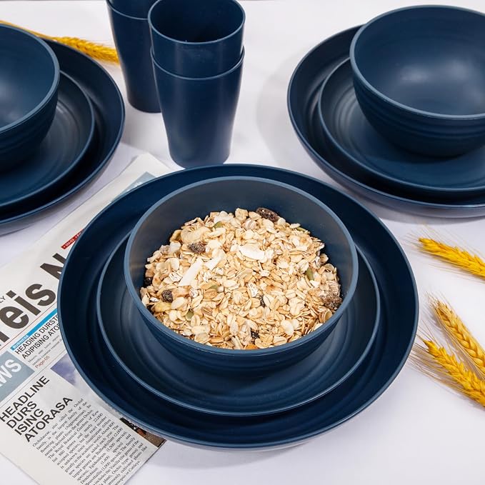 32PCS Blue Wheat Straw Dinnerware Sets for 8 Camper Plates | Unbreakable Midnight Blue Wheat straw Tableware Set,Lightweight Reusable Plastic Dishes for Camping,Party and Everyday Meals