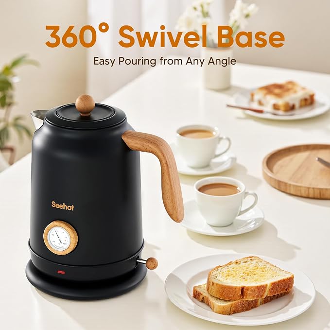 Seehot® Electric Kettle With Thermometer, 1.7L 1200W, Black | Auto shutoff, boil-dry protection,water-contact stainless steel, cordless base for coffee and tea
