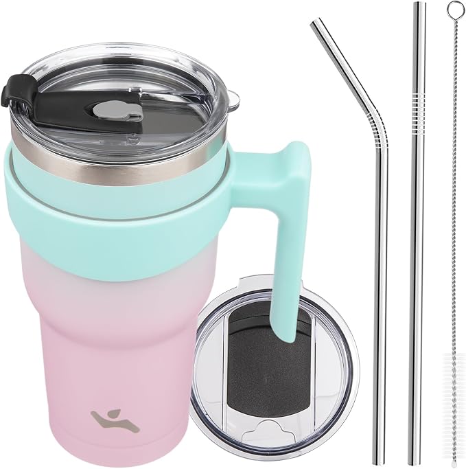 Konokyo 30 oz Tumbler with Handle and Straw, Insulated Travel Mug | Gum; BPA-free, leak-proof tumbler with 2 lids, 2 straws, cup holder fit for coffee, office, travel & daily use