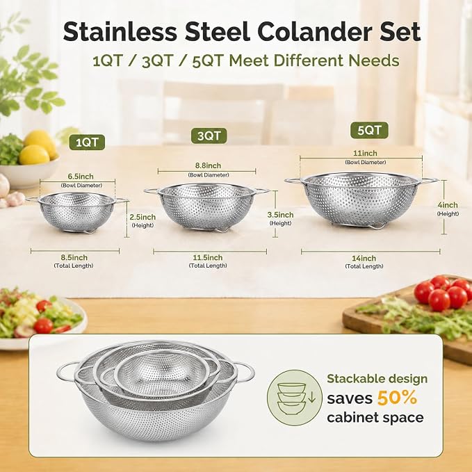 TeamFar Colander Set of 3, Stainless Steel Perforated Colander Strainer | Metal Food Strainer for Draining/Washing/Rinsing Pasta Vegetables Fruits, Healthy, Sturdy & Dishwasher Safe - 1/3/5 Quart