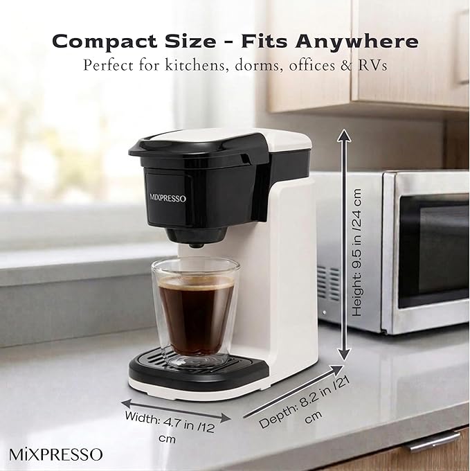 Mixpresso Single Serve Coffee Maker K Cup Coffee Maker for K Pods & Grounds | Compact 800W White Coffee Machine with 12 Oz Water Tank, Fast Brew & Auto Shut-Off, Small Design for Travel RV, Office& Dorm