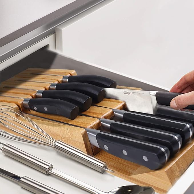 NIUXX Bamboo In-Drawer Knife Block Set for 9 Knives(Not Included) | Large Kitchen Detachable Washable Cutlery Slot Organizer Storage Holder for Sharpening Steel and Cutter