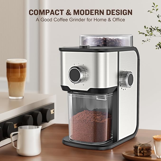 AYCHIRO Flat Burr Coffee Grinder Electric, Coffee Grinder with 14 Grinding Levels,Burr Mill Grinder with 2-12 Cups for Espresso, Drip Coffee and French Press,Stainless Steel