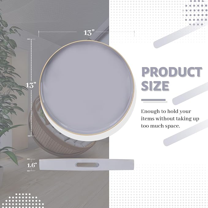 13" Gray Decorative Tray, Plastic Round Serving Tray with Handles | Grey Decorative Tray for Coffee Table, Modern Ottoman Tray, Circle Tea Tray, Round Melamine Tray for Living Room, Bathroom