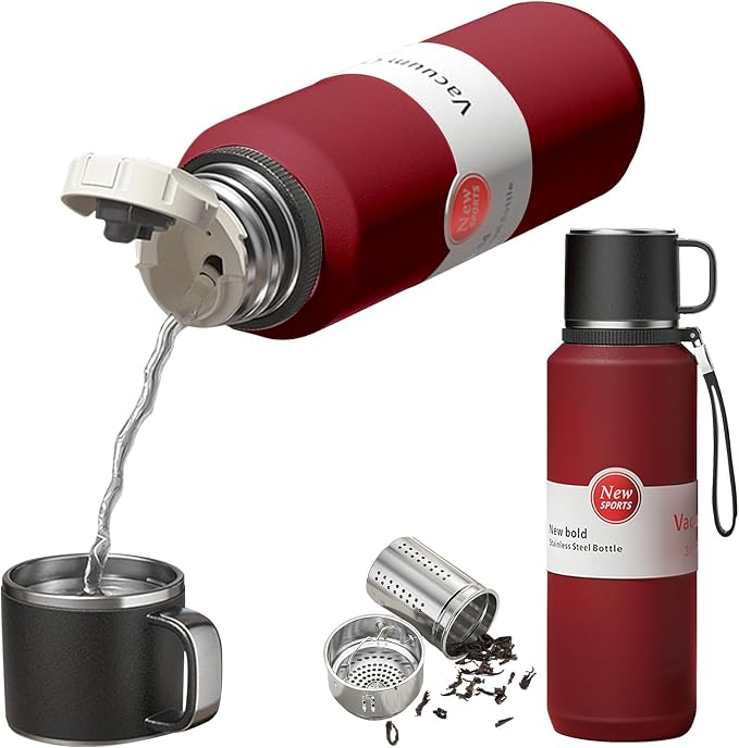 Stainless Steel Insulated Tea Infuser Bottle, Vacuum Insulated Water Bottle, Tea Tumbler with Separate Tea Compartment, 24-Hrs Insulation Commute Travel (Red,50oz/1500ml)