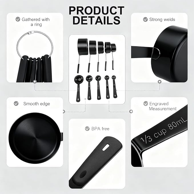Bopei Measuring Cups and Spoons Set, Titanium-Plated Matte Black Stainless Steel 10 Piece for Cooking and Baking (5 Cups + 5 Spoons All Black)