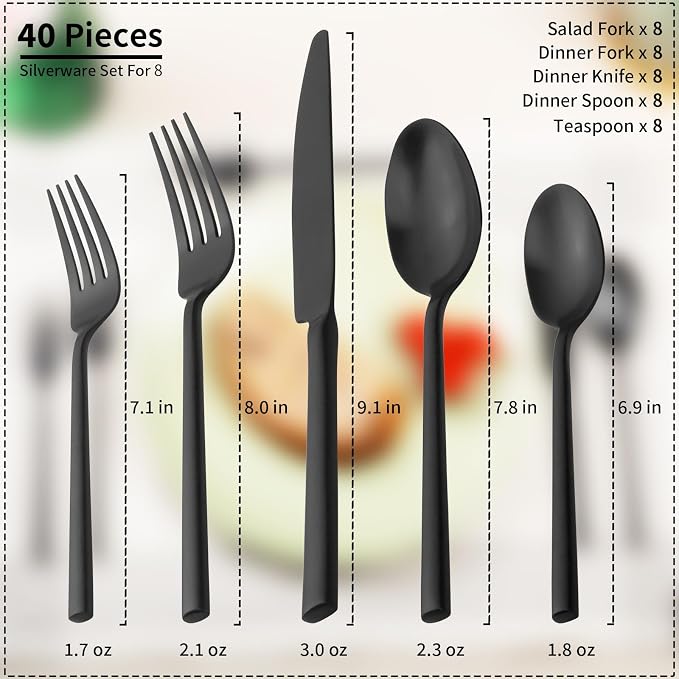 Alata Potter Black 40-Piece Forged Silverware Set, Service for 8, Stainless Steel Flatware Set, Modern Design with Satin Finish, Ideal for Home, Kitchen, Party, Camping