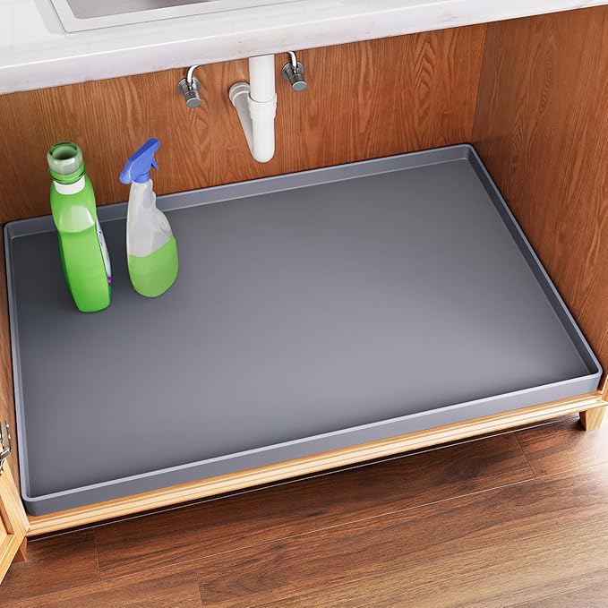 FLATO Waterproof Under Sink Mat, 28" x 22", Dark Gray | Shelf Liner for Kitchen and Bathroom, Cabinet Protector, Organizers and Storage, Flexible Silicone Drip Tray