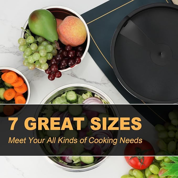 Hunnycook 7 Piece Mixing Bowls with Lids Set - Mixing Bowls Stainless Steel Bowls for Kitchen Baking, Size 0.7, 1.1, 1.5, 2.1, 3.5, 4, 4.5QT, Baking Bowl for Food Preparation, Mixing and Serving Foods