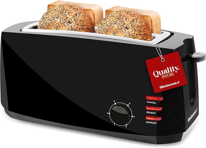 Elite Gourmet ECT4829B 4-Slice Long Slot Toaster, Extra-Wide Slots, Black | 6 Toast Settings, Defrost, Reheat & Cancel Functions, Slide-Out Crumb Tray, Great for Bagels & Waffles