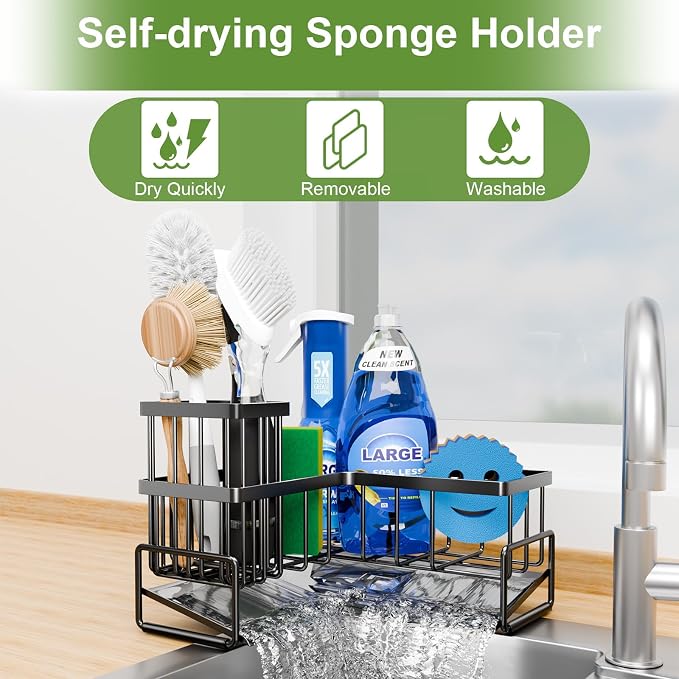 Fikoksol Large Sponge Holder for Kitchen Sink, 90-Degree Sink Caddy Storage | Self Draining Sponge Rack for Countertop, Metal L-Shaped Dish Soap Organizer with Brush Holder, Corner Sink Storage Ideas