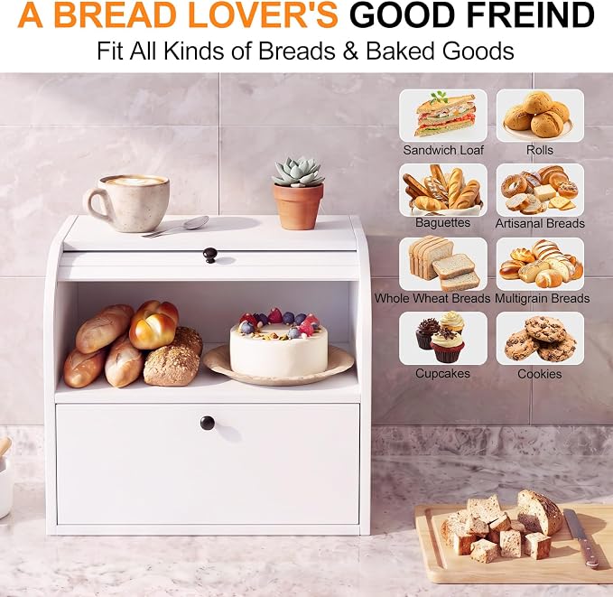 Alpeir Roll Top Bread Box with Cutting Board for Kitchen Countertop, White | Large Breadbox with Ventilation Holes, Double Layer Pantry Shelf, Wooden Homemade Bread Storage Container, Vintage Farmhouse
