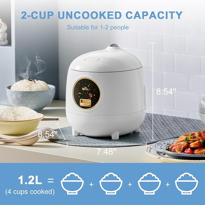 Bear Mini Rice Cooker, 2-Cup Uncooked, Nonstick, Keep Warm, BPA Free, White | Portable 1.2L nonstick small rice cooker for travel, dorm, single serve. One-touch operation, removable pot, auto keep warm