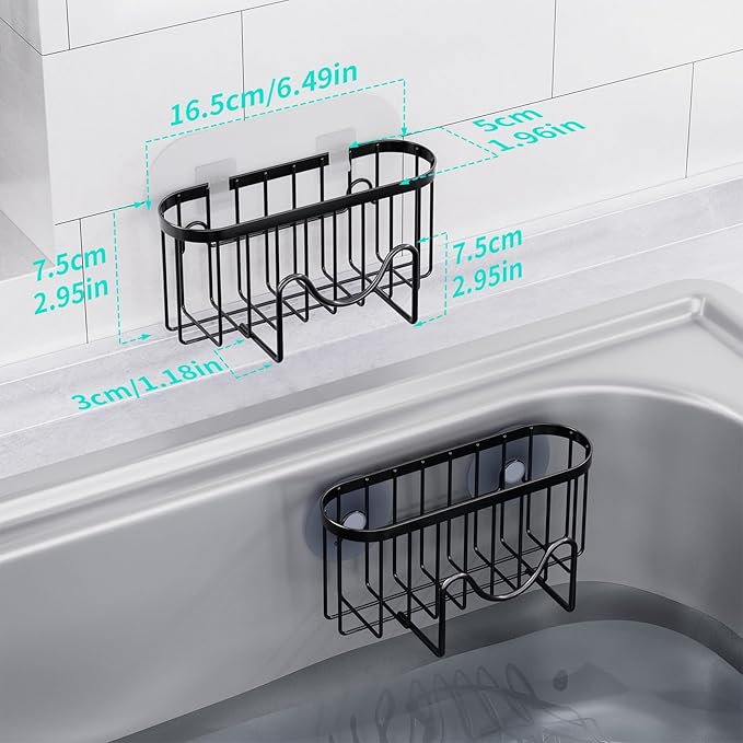 HapiRm Multifunctional Sponge Holder with Unique M-shaped, Two Installation Methods Kitchen Sink Organizer, Rustproof Stainless Steel Sink Caddy -Black（2-pack）
