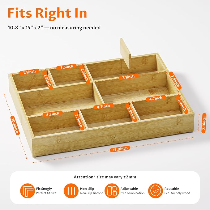 Bamboo Drawer Organizer with 9 Adjustable Compartments, Desk Storage Tray | Natural Bamboo, Flexible Modular Trays, Water-Resistant, Adjustable, Excellent Organization, Easy to Clean, Non-Slip Design
