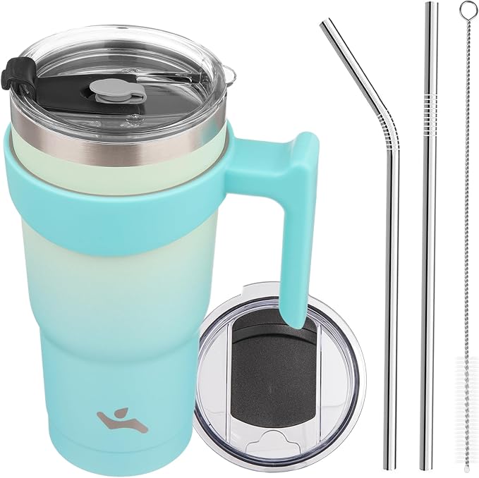 Konokyo 20 oz Tumbler with Handle and Straw, Insulated Travel Mug | Mint; BPA-free, leak-proof tumbler with 2 lids, 2 straws, cup holder fit for coffee, office, travel & daily use