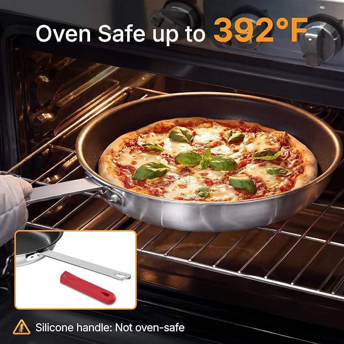 NEWBULIG Nonstick Frying Pan, 10 Inch Heavy-Gauge Aluminum Skillet with Ceramic Nonstick Coating & Stainless Steel Base for Induction, Electric, Gas, Oven Safe, Red Hanging Handle | Aluminum body even heating, steel handle silicone grip, oven safe 392°...
