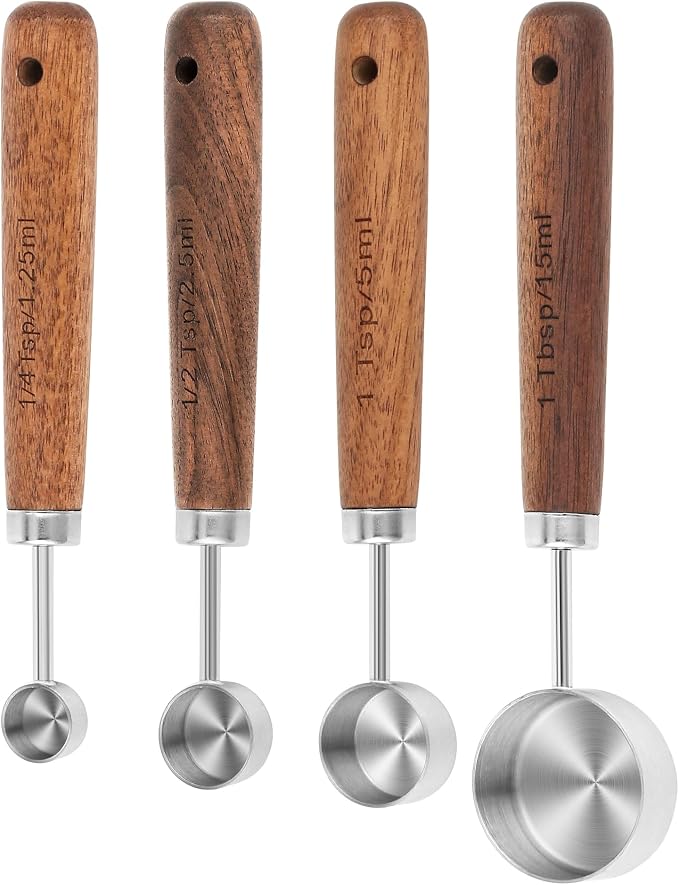 Measuring Cups and Spoons Set 8, 18/8 Stainless Steel Measuring Cups and Spoons Set for Baking and Kitchen, Metric & US Metal Measure Cup & Spoon with Wood Handle for Dry & Liquid