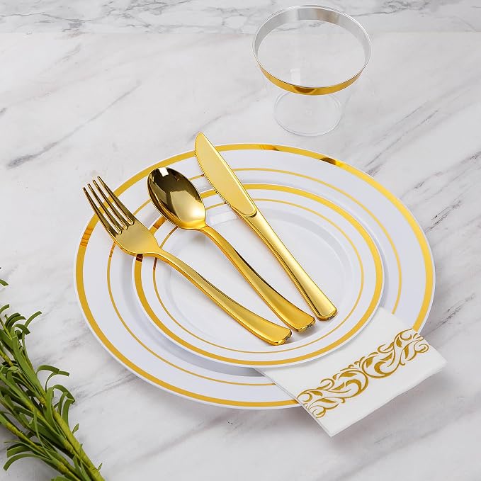 875 Piece Gold Dinnerware Set for 125 Guests, Bulk Dinnerware | Include: 125 Gold Rim Dinner Plates, 125 Dessert Plates, 125 Paper Napkins, 125 Cups, 125 Plastic Silverware Sets for Party