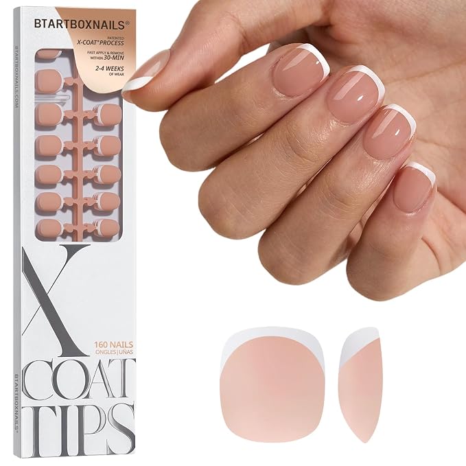 BTArtboxnails XCOATTIPS White French Tip Press On Nails, XXS Squoval, Peach | Lamp-Curable, 4-Week Wear, Natural Nail Look, Salon Quality Value at Home, Easy-to-Apply for Beginners, 160ct Nail Tips Only